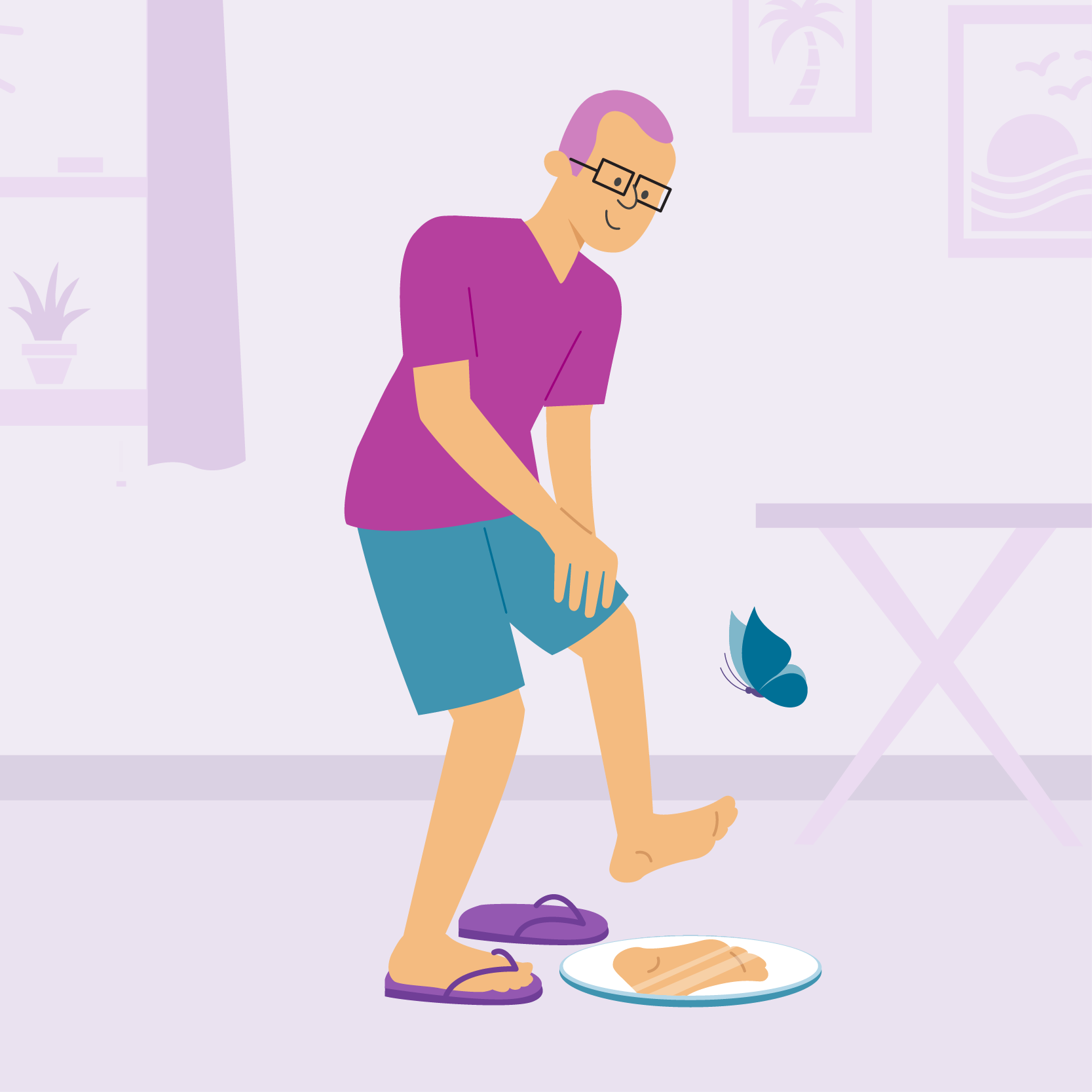 Илюстрация на възрастен мъж, стъпващ бос върху подложка, символизираща грижа за здравето на стъпалата.